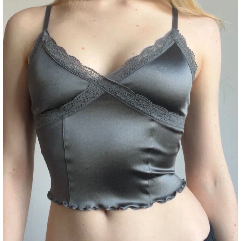 Divided Satin Lace Trim Camisole Top Y2K Coquette Womens Medium Gray
